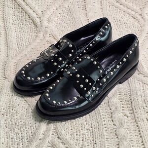Napoleon Studded Italian Loafers Black Leather Silver Studs Womens 37 6-6.5 NEW
